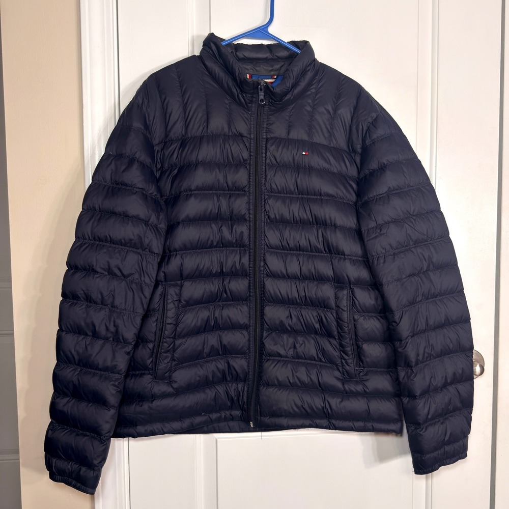 Tommy Hilfiger Mens Packable Down Puffer Jacket Navy Blue Quilted Coat Large